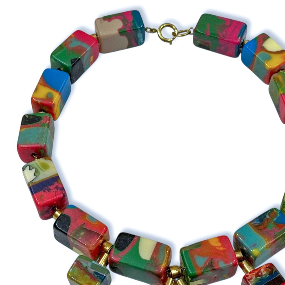 Unique Resin Necklace Beaded with Colorful Square Cube Chunks - Picture 3 of 16